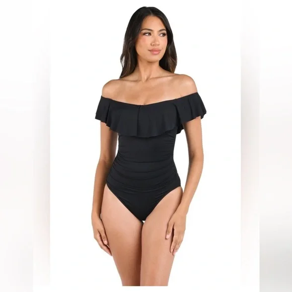 NWT La Blanca Island Goddess Black Off the Shoulder One Piece Swimsuit Size 8 - Picture 14 of 16